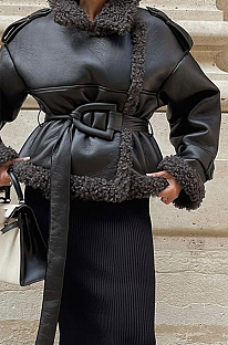 SUPER WHOLESALE | Black Belted Faux Leather and Fur Hybrid Short Coat