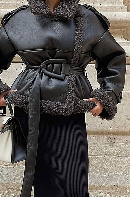 SUPER WHOLESALE | Black Belted Faux Leather and Fur Hybrid Short Coat