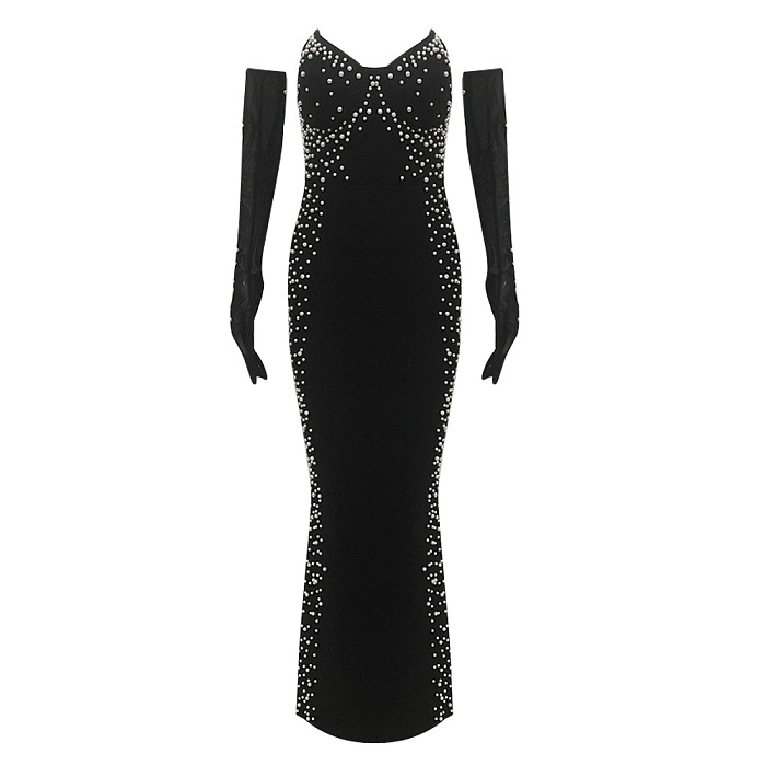 SUPER WHOLESALE | Pearl-Embellished Strapless Belted Maxi Dress