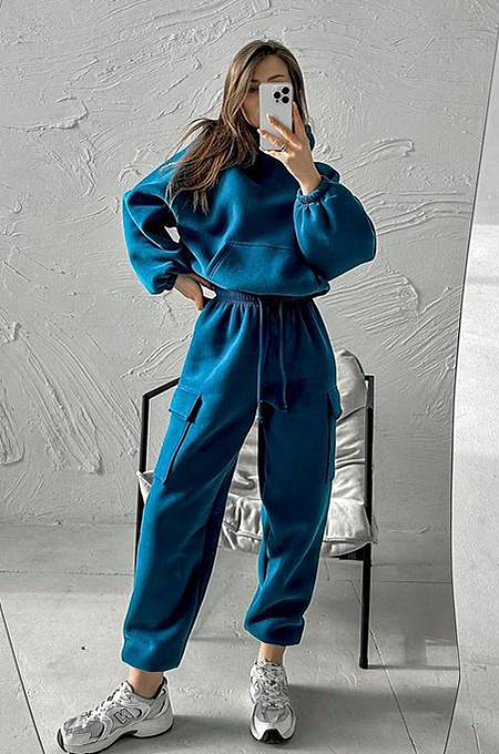 SUPER WHOLESALE | Sporty Casual Hooded Two-Piece Set in Blue