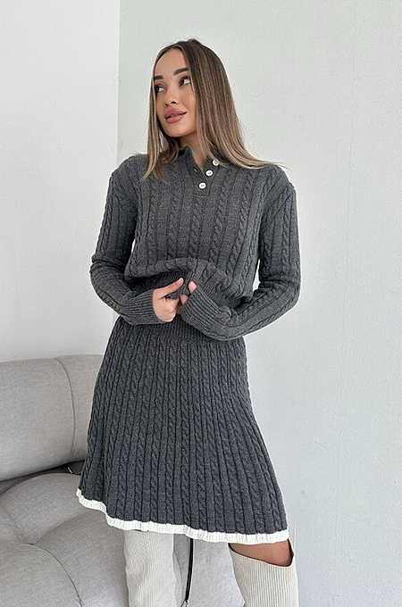 SUPER WHOLESALE | Long-Sleeve Knit Button-Up Sweater and Short Skirt Two-Piece Set in Grey