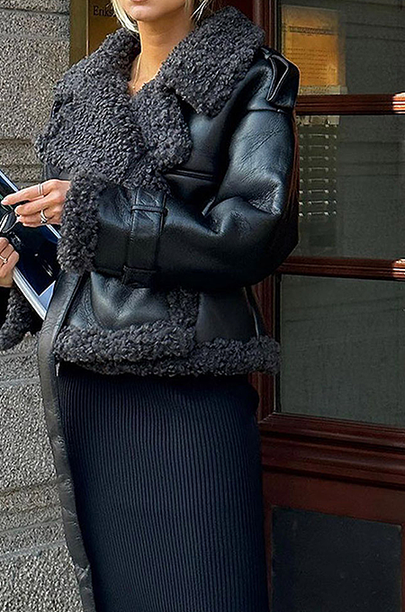 SUPER WHOLESALE | Black Belted Faux Leather and Fur Hybrid Short Coat