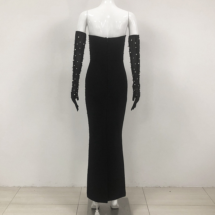 SUPER WHOLESALE | Pearl-Embellished Strapless Belted Maxi Dress
