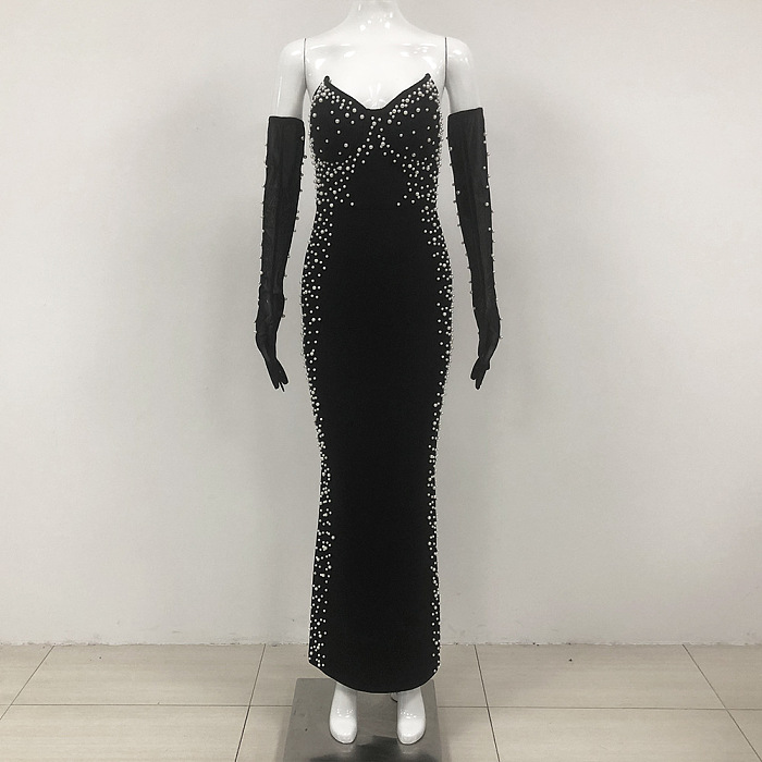 SUPER WHOLESALE | Pearl-Embellished Strapless Belted Maxi Dress