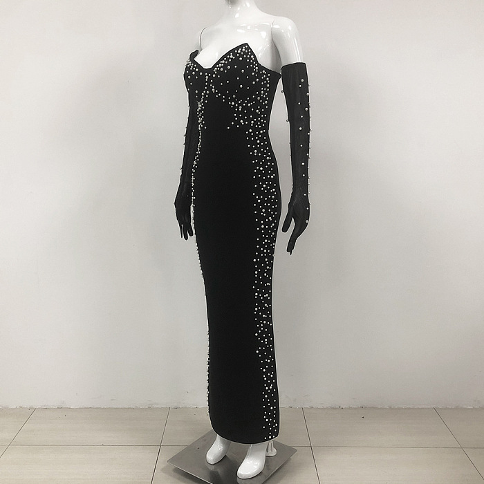 SUPER WHOLESALE | Pearl-Embellished Strapless Belted Maxi Dress