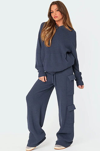 SUPER WHOLESALE | Hooded Sweater Knit Set in Blue