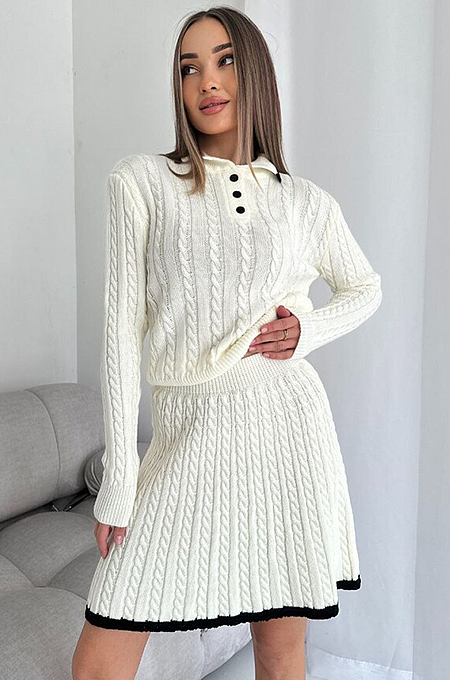 SUPER WHOLESALE | Long-Sleeve Knit Button-Up Sweater and Short Skirt Two-Piece Set in White
