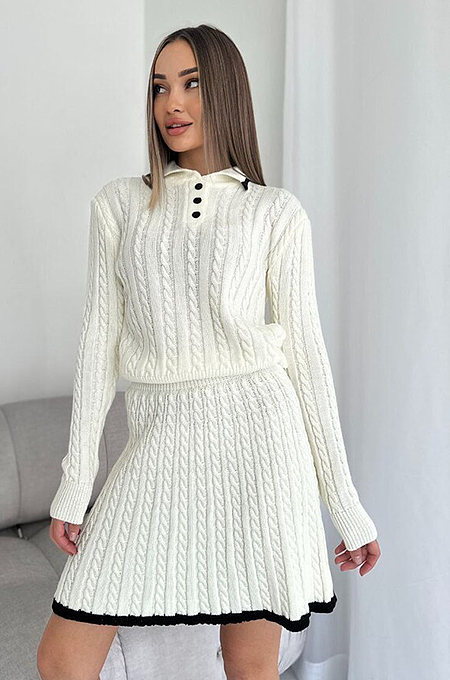 SUPER WHOLESALE | Long-Sleeve Knit Button-Up Sweater and Short Skirt Two-Piece Set in White