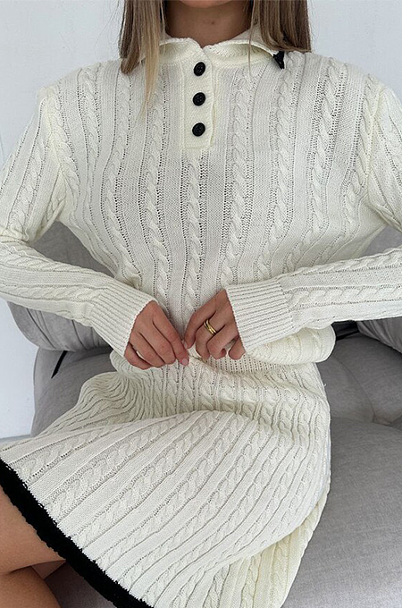 SUPER WHOLESALE | Long-Sleeve Knit Button-Up Sweater and Short Skirt Two-Piece Set in White