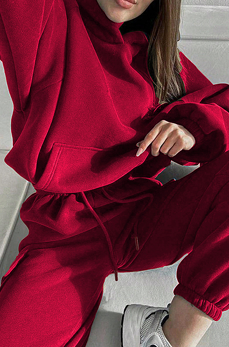 SUPER WHOLESALE | Sporty Casual Hooded Two-Piece Set in Red