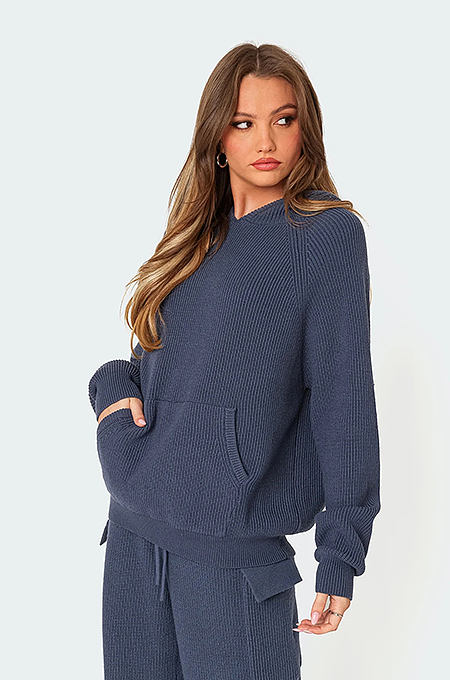 SUPER WHOLESALE | Hooded Sweater Knit Set in Blue
