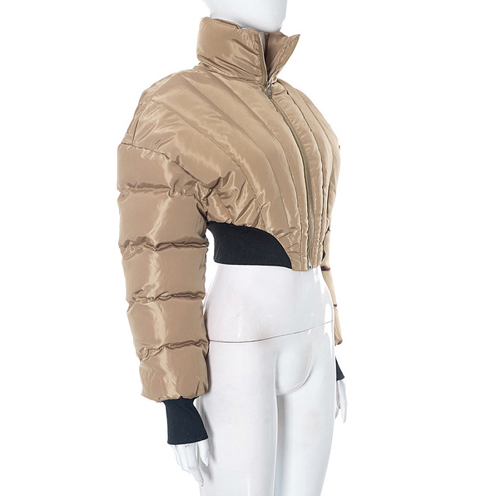 SUPER WHOLESALE | Solid Color Collared Zipper Long-Sleeve Waist-Cinching Down Jacket in Brown