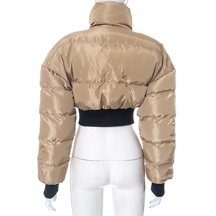 SUPER WHOLESALE | Solid Color Collared Zipper Long-Sleeve Waist-Cinching Down Jacket in Brown