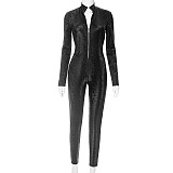 SUPER WHOLESALE | Snake Print Four-Way Stretch Long-Sleeve Fitted Women's Jumpsuit
