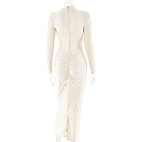SUPER WHOLESALE | Fitted Pleated Hollow Long Sleeve Dress in Apricot