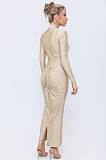 SUPER WHOLESALE | Fitted Pleated Hollow Long Sleeve Dress in Apricot