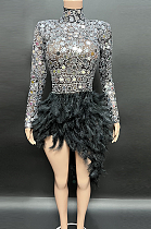 SUPER WHOLESALE | Diamond Lens Irregular Feather High-Neck Long Sleeve Evening Gown