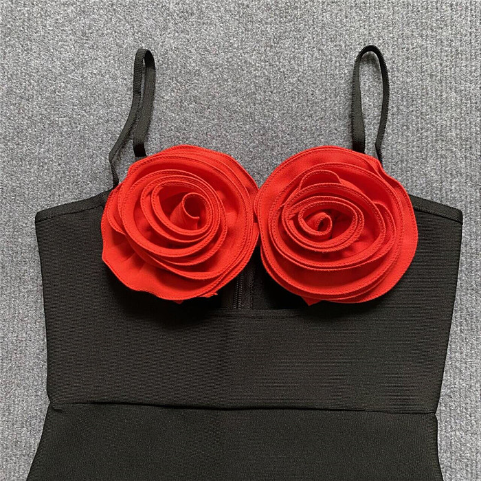 SUPER WHOLESALE | 3D Flower Fitted High-Waist Slimming Bandage Dress in Red