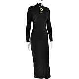 SUPER WHOLESALE | Fitted Pleated Hollow Long Sleeve Dress in Black