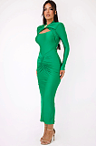 SUPER WHOLESALE | Fitted Pleated Hollow Long Sleeve Dress in Green