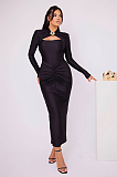 SUPER WHOLESALE | Fitted Pleated Hollow Long Sleeve Dress in Black