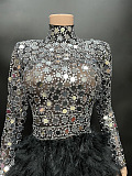 SUPER WHOLESALE | Diamond Lens Irregular Feather High-Neck Long Sleeve Evening Gown