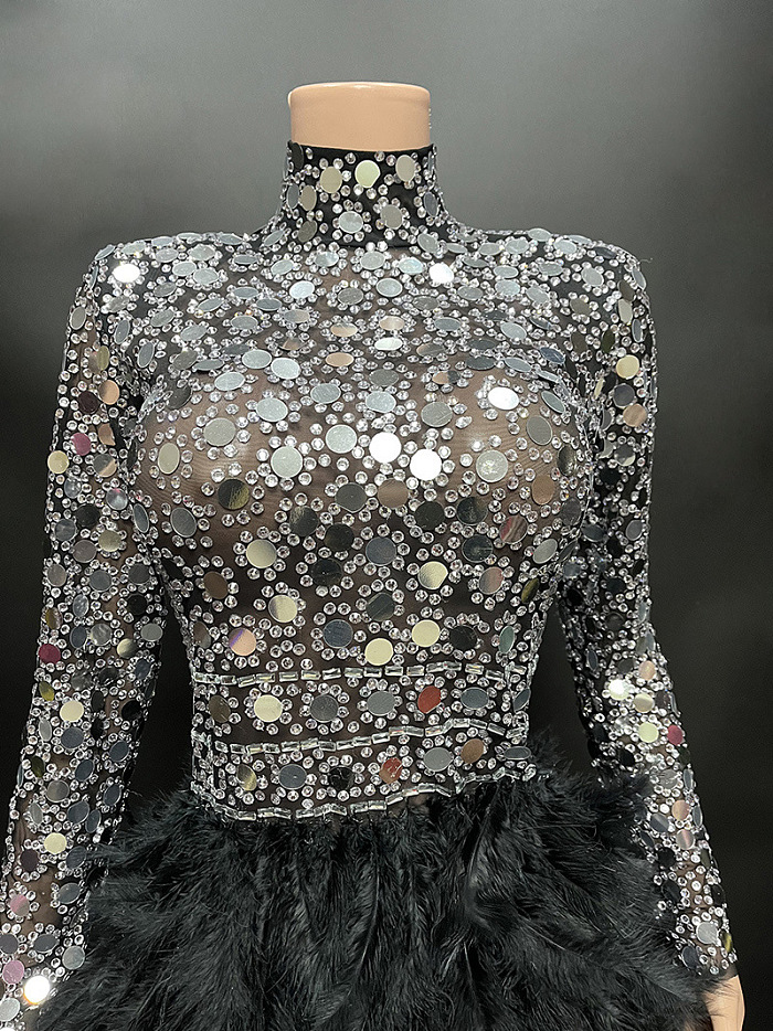 SUPER WHOLESALE | Diamond Lens Irregular Feather High-Neck Long Sleeve Evening Gown
