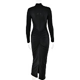 SUPER WHOLESALE | Fitted Pleated Hollow Long Sleeve Dress in Black