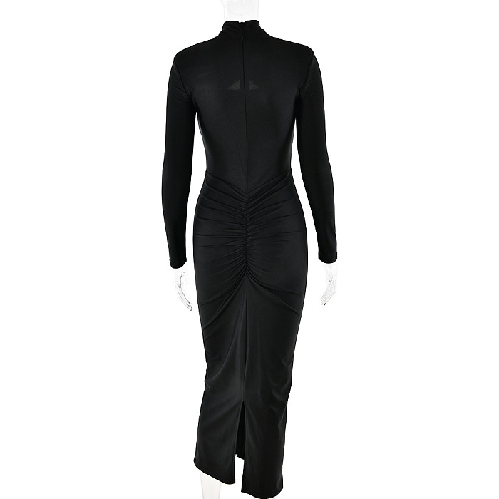 SUPER WHOLESALE | Fitted Pleated Hollow Long Sleeve Dress in Black