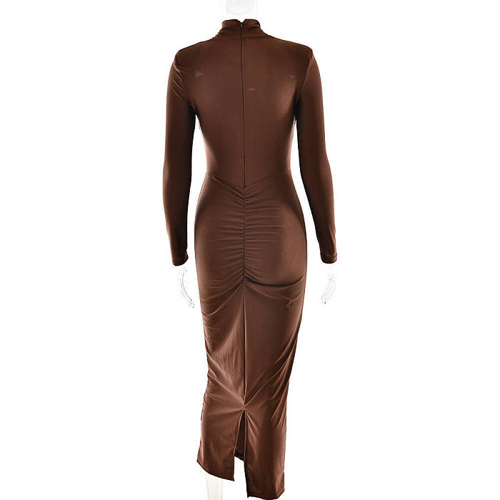 SUPER WHOLESALE | Fitted Pleated Hollow Long Sleeve Dress in Brown