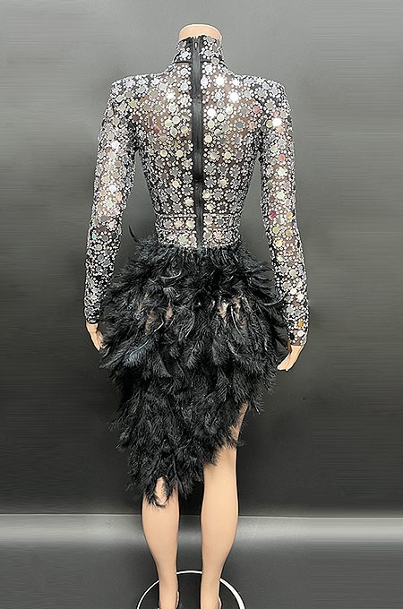 SUPER WHOLESALE | Diamond Lens Irregular Feather High-Neck Long Sleeve Evening Gown