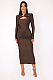 SUPER WHOLESALE | Fitted Pleated Hollow Long Sleeve Dress in Brown