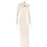 SUPER WHOLESALE | Fitted Pleated Hollow Long Sleeve Dress in Apricot