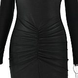 SUPER WHOLESALE | Fitted Pleated Hollow Long Sleeve Dress in Black