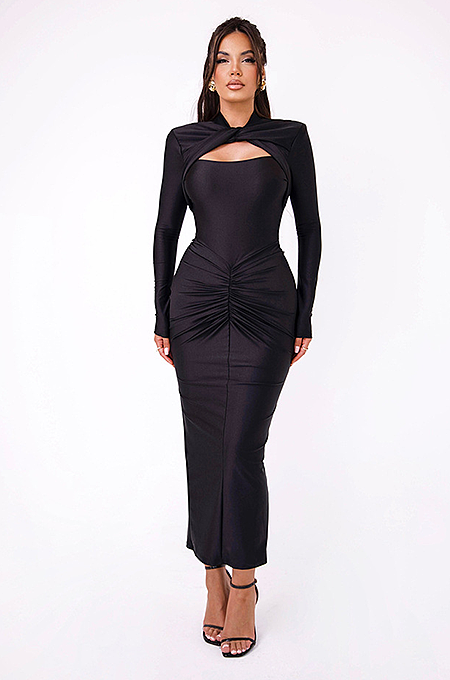 SUPER WHOLESALE | Fitted Pleated Hollow Long Sleeve Dress in Black