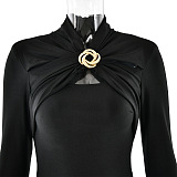 SUPER WHOLESALE | Fitted Pleated Hollow Long Sleeve Dress in Black