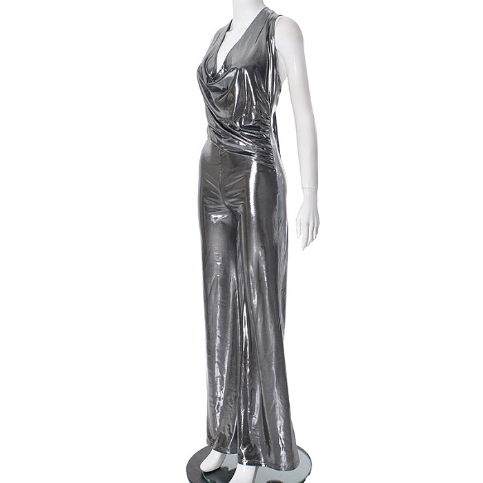 SUPER WHOLESALE | Shiny Sleeveless Halter Jumpsuit