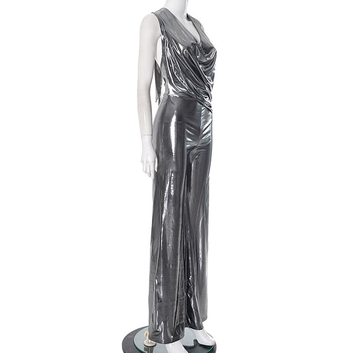 SUPER WHOLESALE | Shiny Sleeveless Halter Jumpsuit