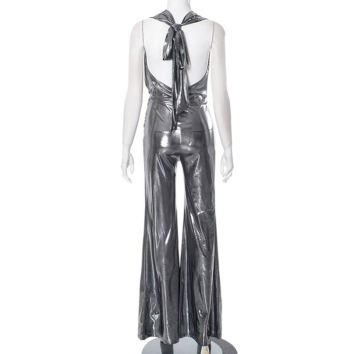 SUPER WHOLESALE | Shiny Sleeveless Halter Jumpsuit