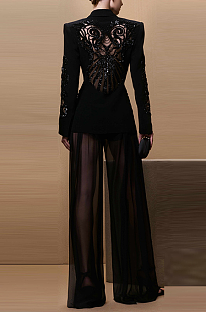 SUPER WHOLESALE | Mesh Spliced Beaded Suit Jacket with Chiffon Pants