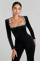 SUPER WHOLESALE | Rhinestone Hollow High-Waist Fitted Solid Color Jumpsuit