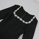 SUPER WHOLESALE | Rhinestone Hollow High-Waist Fitted Solid Color Jumpsuit