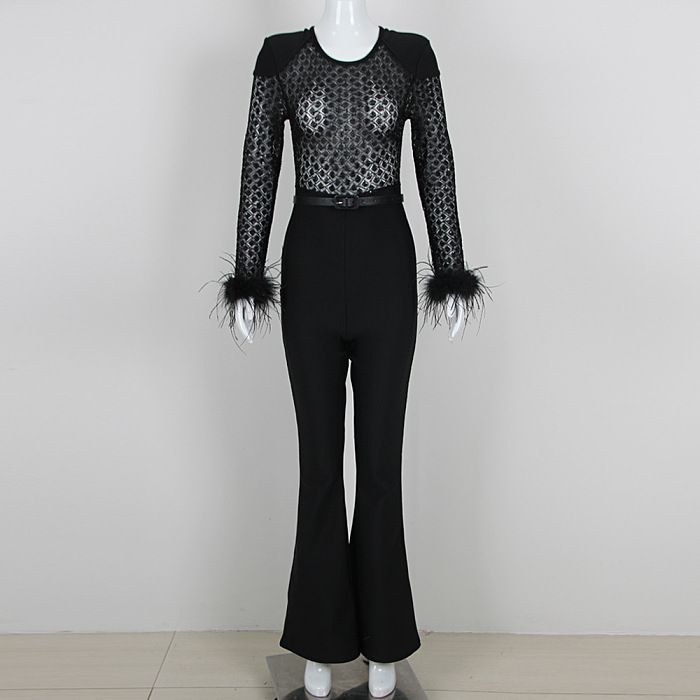 SUPER WHOLESALE | Lace Sequin Feather Bandage Jumpsuit for Women