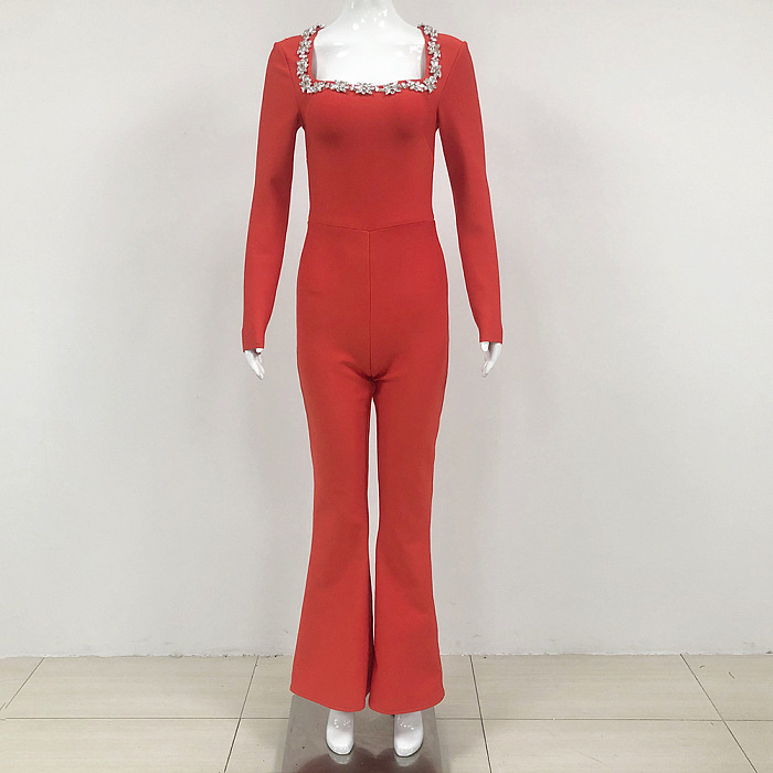SUPER WHOLESALE | Rhinestone Hollow High-Waist Fitted Solid Color Jumpsuit