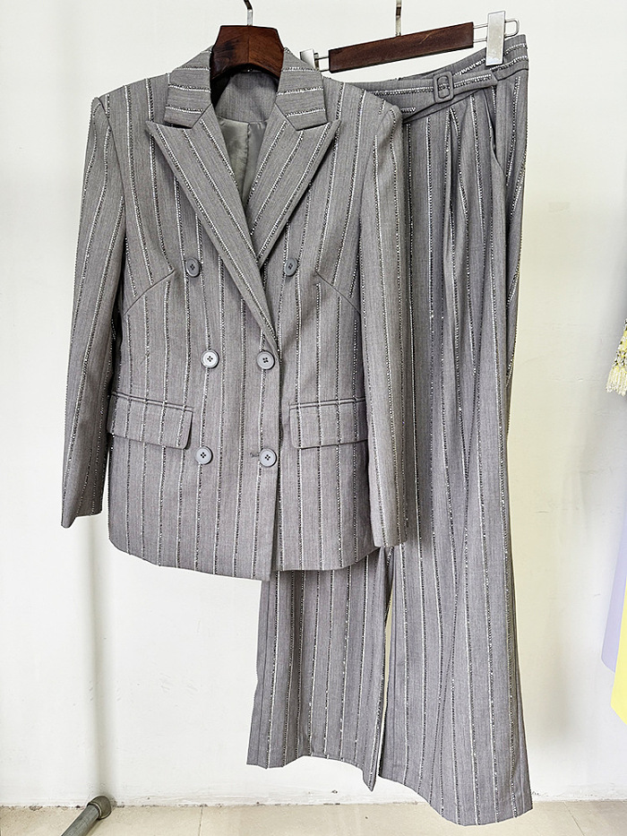 Rhinestone Double-Breasted Suit with Long Pants Set