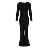 SUPER WHOLESALE | Rhinestone Hollow High-Waist Fitted Solid Color Jumpsuit