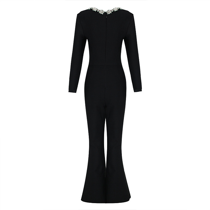SUPER WHOLESALE | Rhinestone Hollow High-Waist Fitted Solid Color Jumpsuit