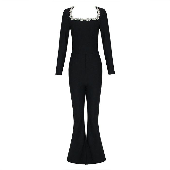 SUPER WHOLESALE | Rhinestone Hollow High-Waist Fitted Solid Color Jumpsuit