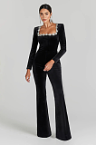 SUPER WHOLESALE | Rhinestone Hollow High-Waist Fitted Solid Color Jumpsuit