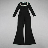 SUPER WHOLESALE | Rhinestone Hollow High-Waist Fitted Solid Color Jumpsuit